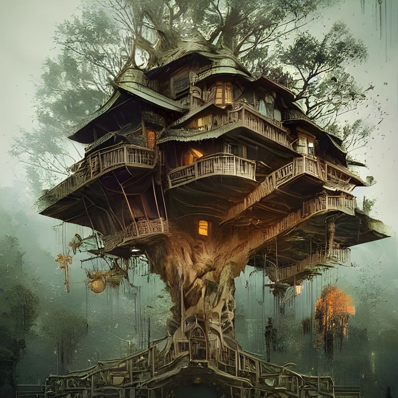 Impossible Treehouse Home: Fantasy Art in Deep Colors