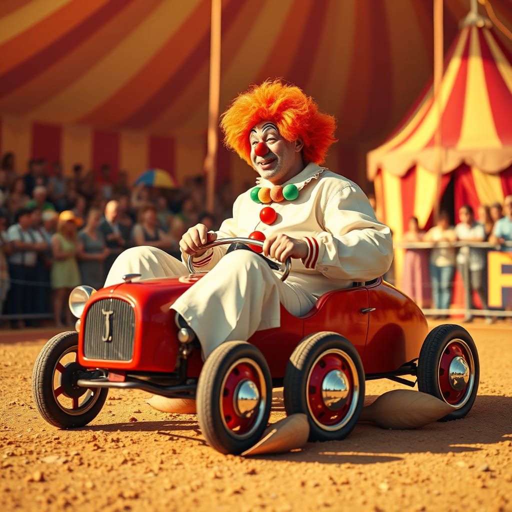 Vibrant Circus Clown Drives Miniature Car in Nostalgic Reali...