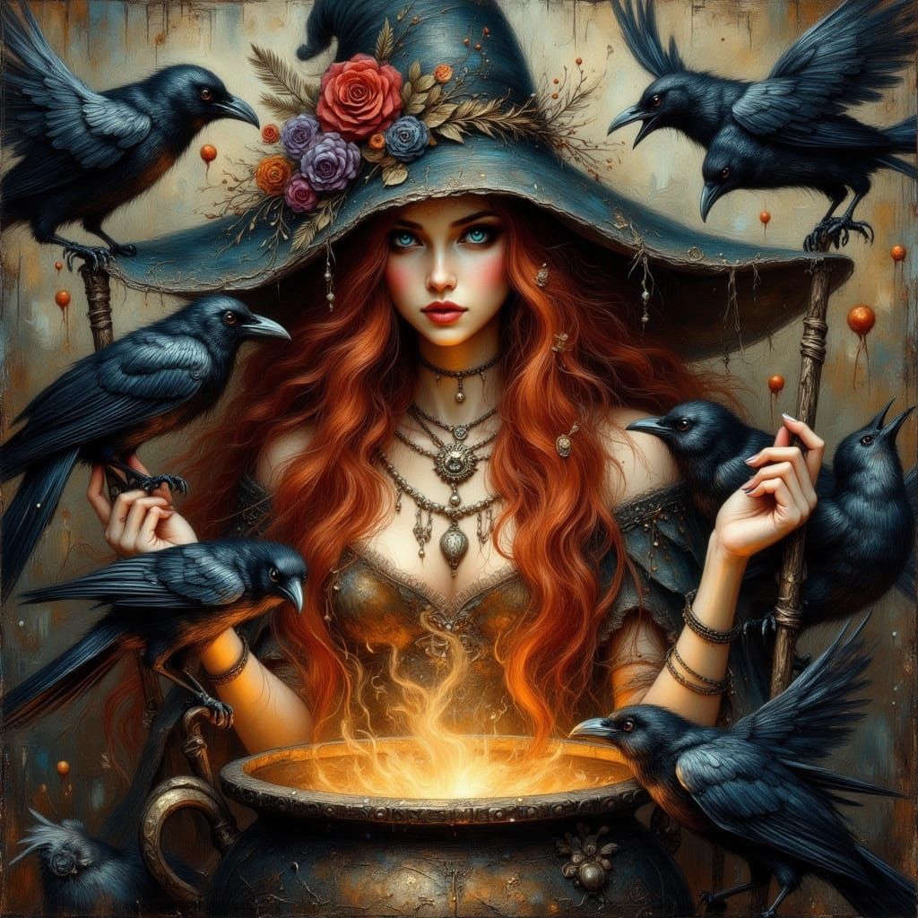 Whimsical Witch with Red Hair Behind Magic Cauldron