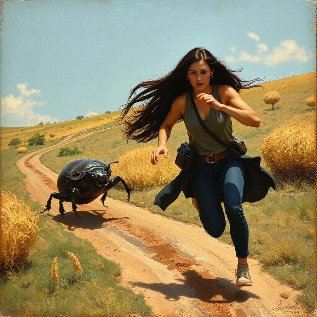 Woman Journalist Pursued by Beetle, Oil Painting