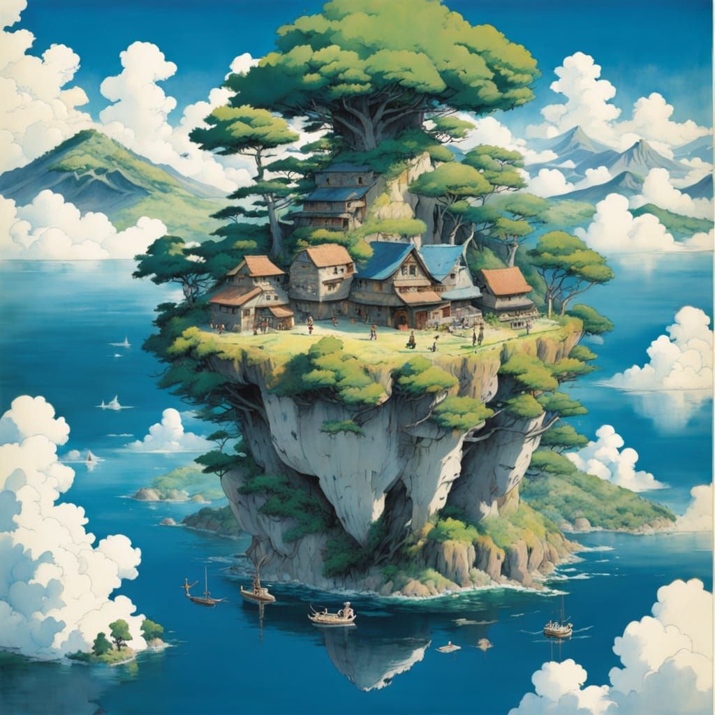 Surreal Floating Island in Miyazaki-Inspired Fantasy World