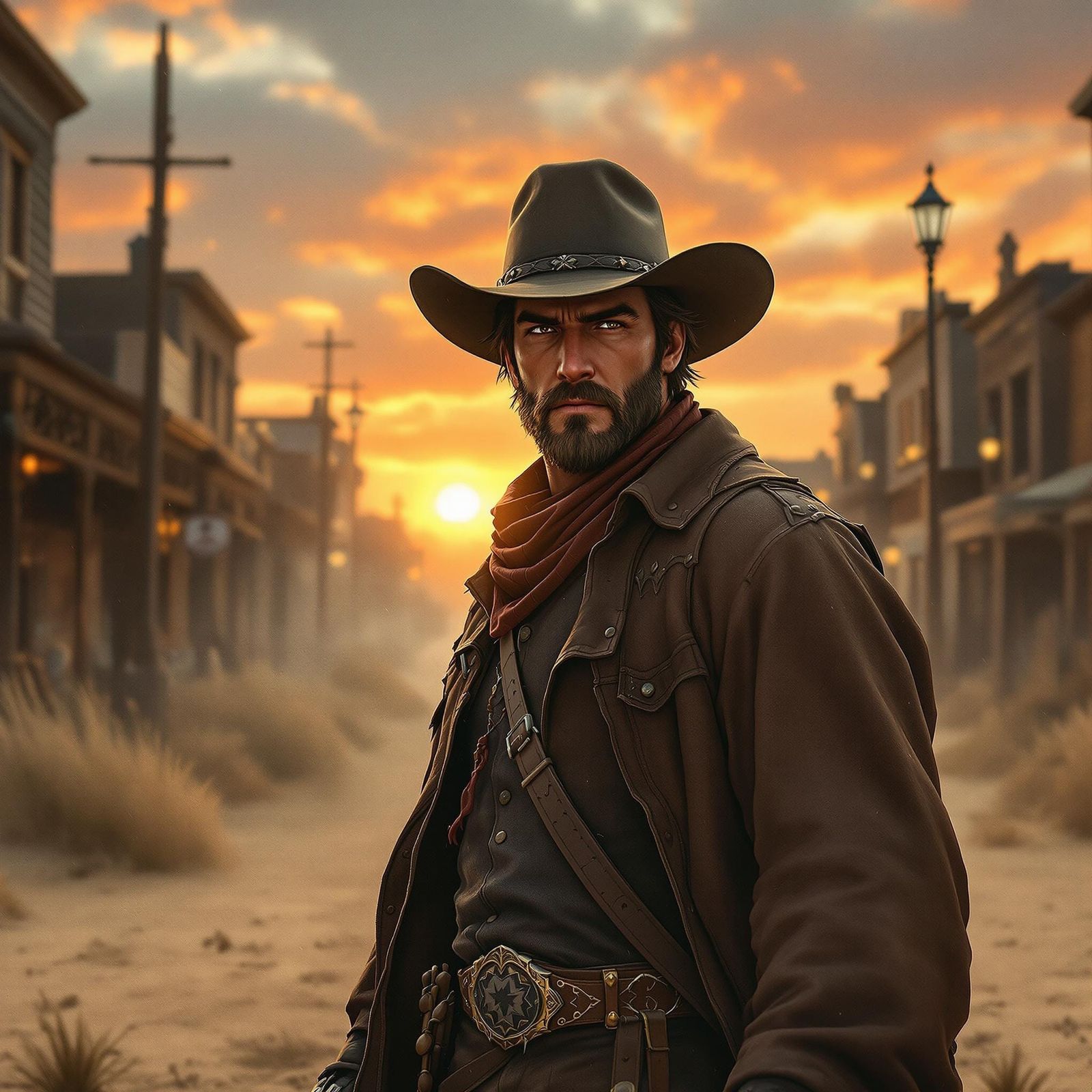 Cowboy Duel at Sunset in Western Town