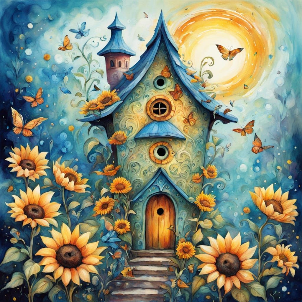 Whimsical Sunflower Birdhouse in Vibrant Watercolor Style