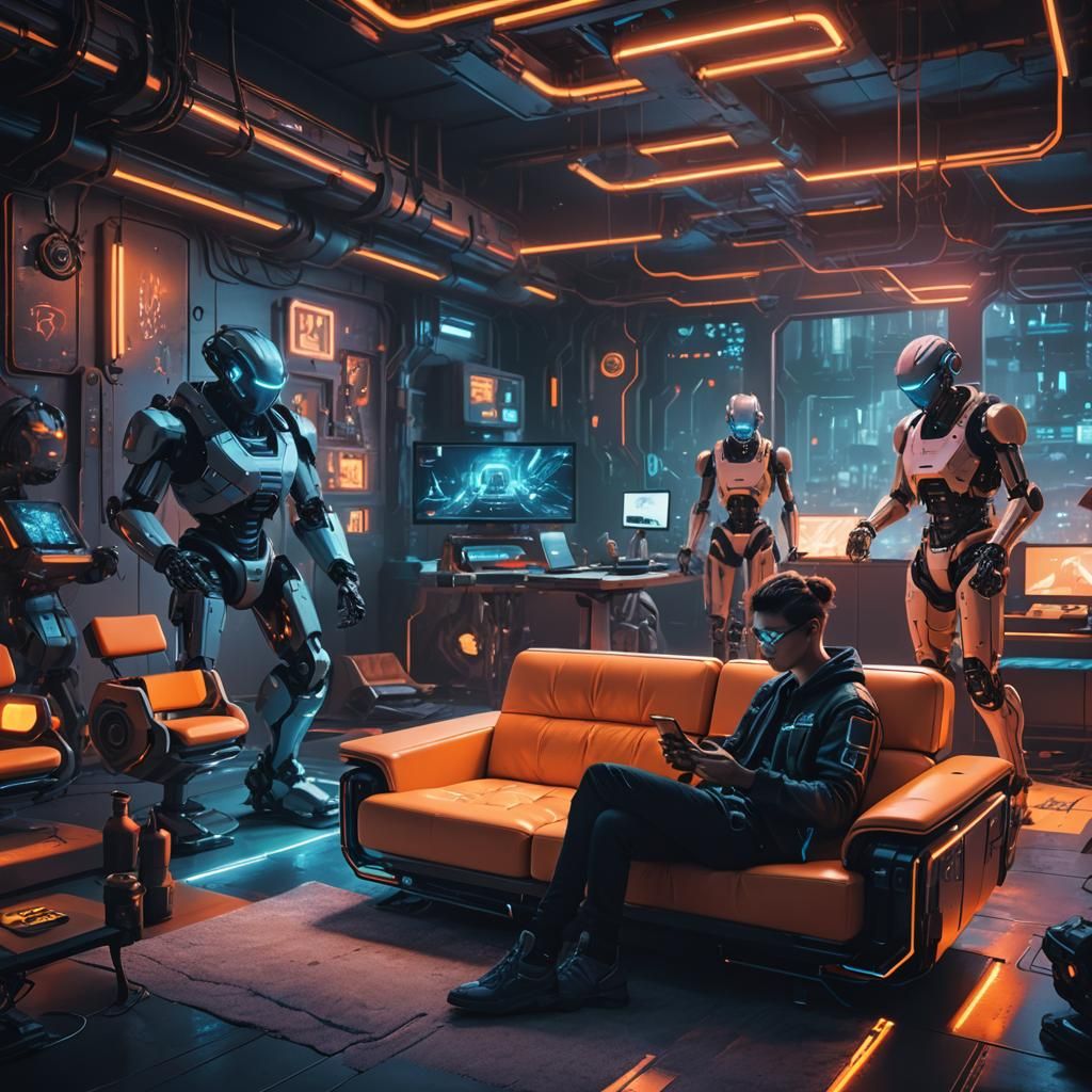 Cyberpunk Robot Revolution: Person and Phone