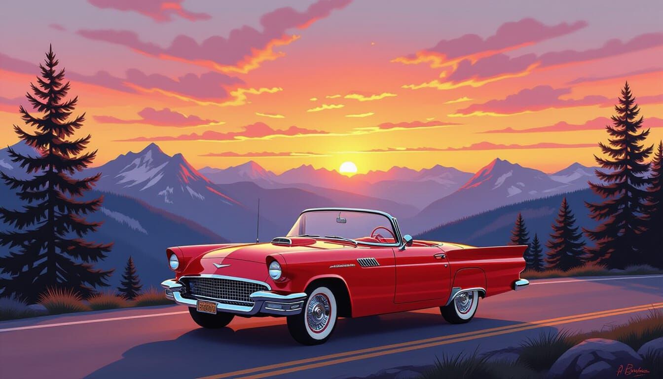 Vintage Red Convertible at Alpine Sunset