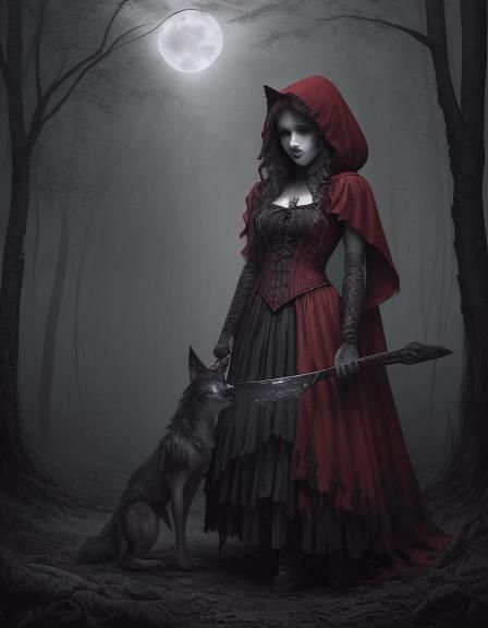 Little fairy town Little Red Riding Hood holding a ax, stand...