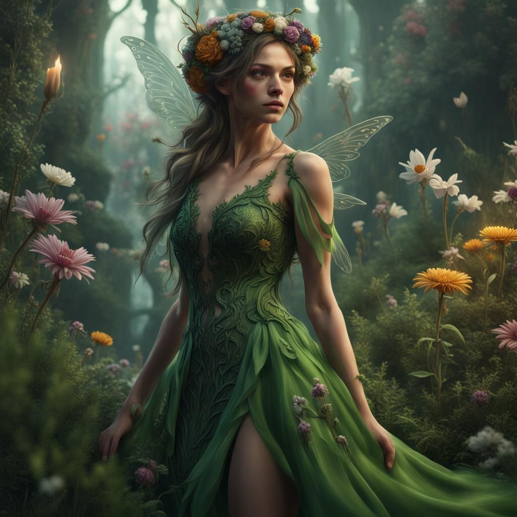 Fairy in Green Dress with Flowers, Detailed Digital Art