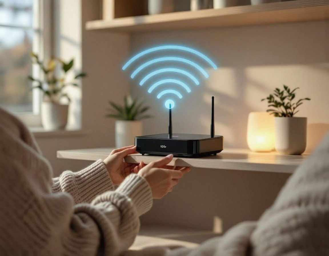 Modern Living Room With Glowing WiFi Router