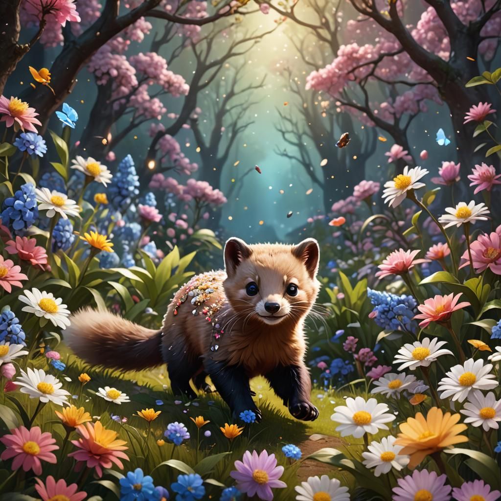 Adorable Beech Marten in a Magical Flower Field
