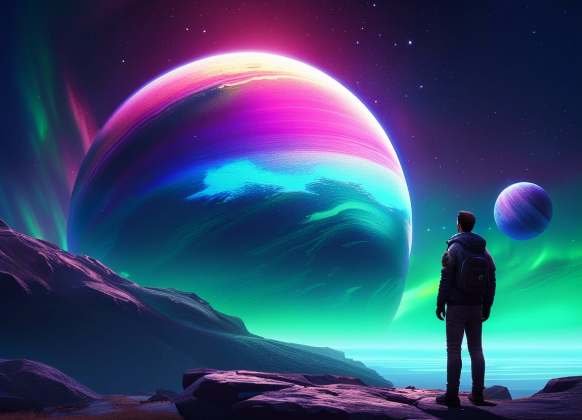 Man Gazing at Distant Planet with Aurora