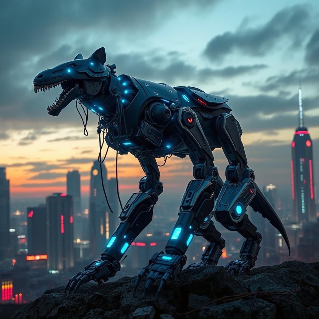 Cybernetic Animal Robot Fusion in Dystopian Cityscape