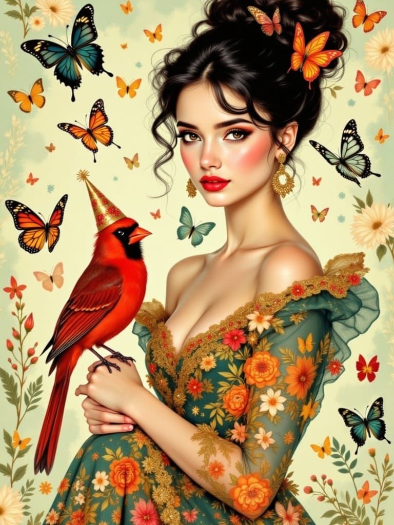 Whimsical Woodland Portrait of Cardinal in Regal Attire