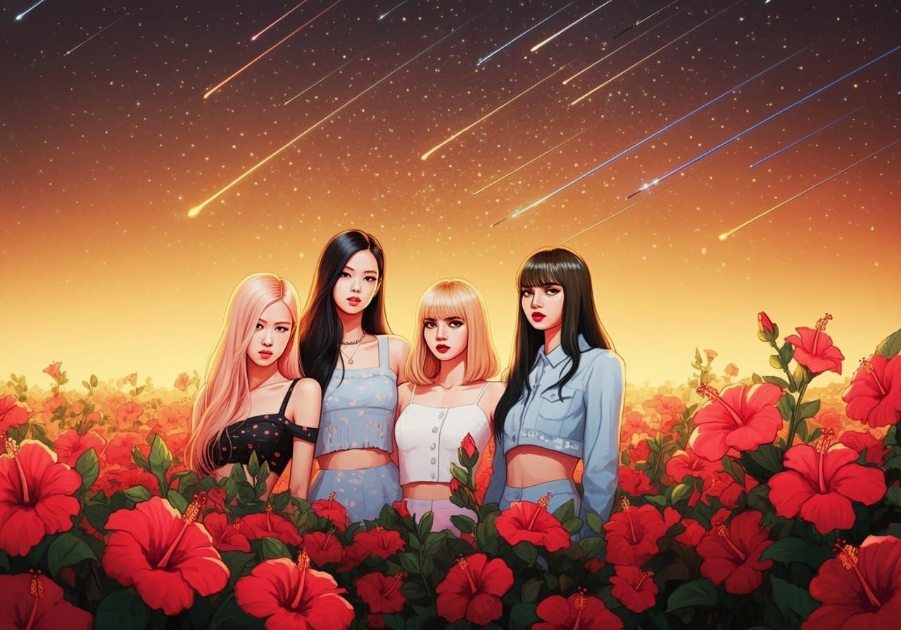 Blackpink in Hibiscus Field, Dreamy Digital Art