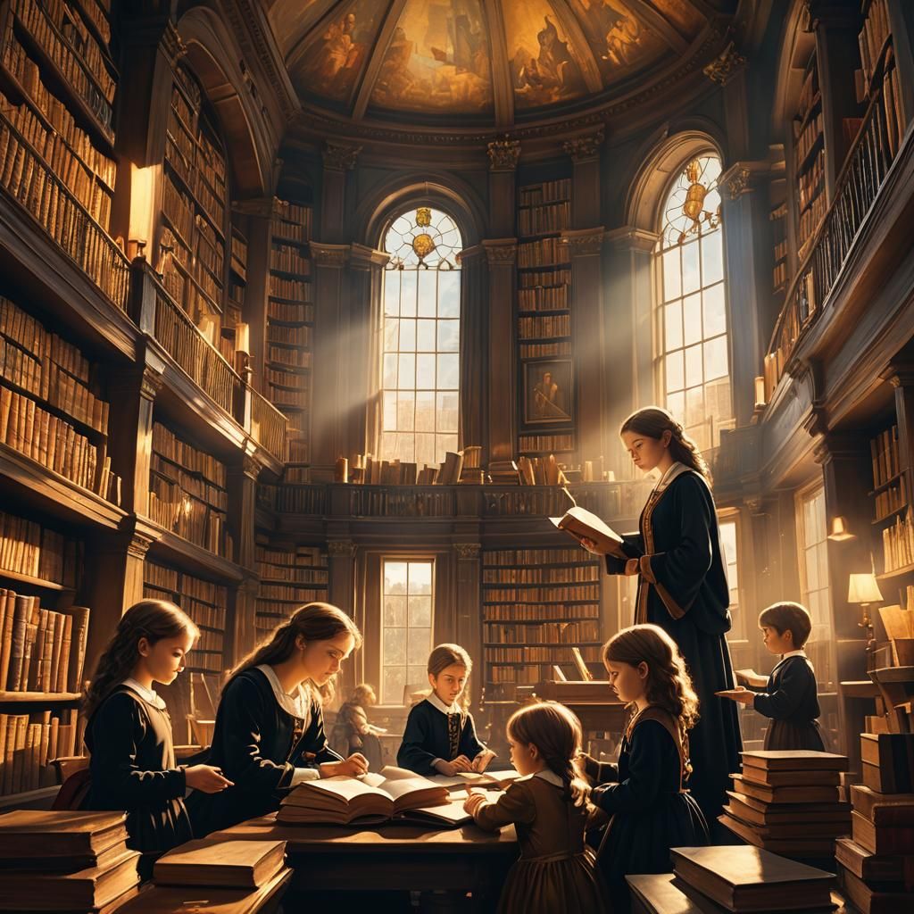 Renaissance Library Scene in Leonardo da Vinci Style