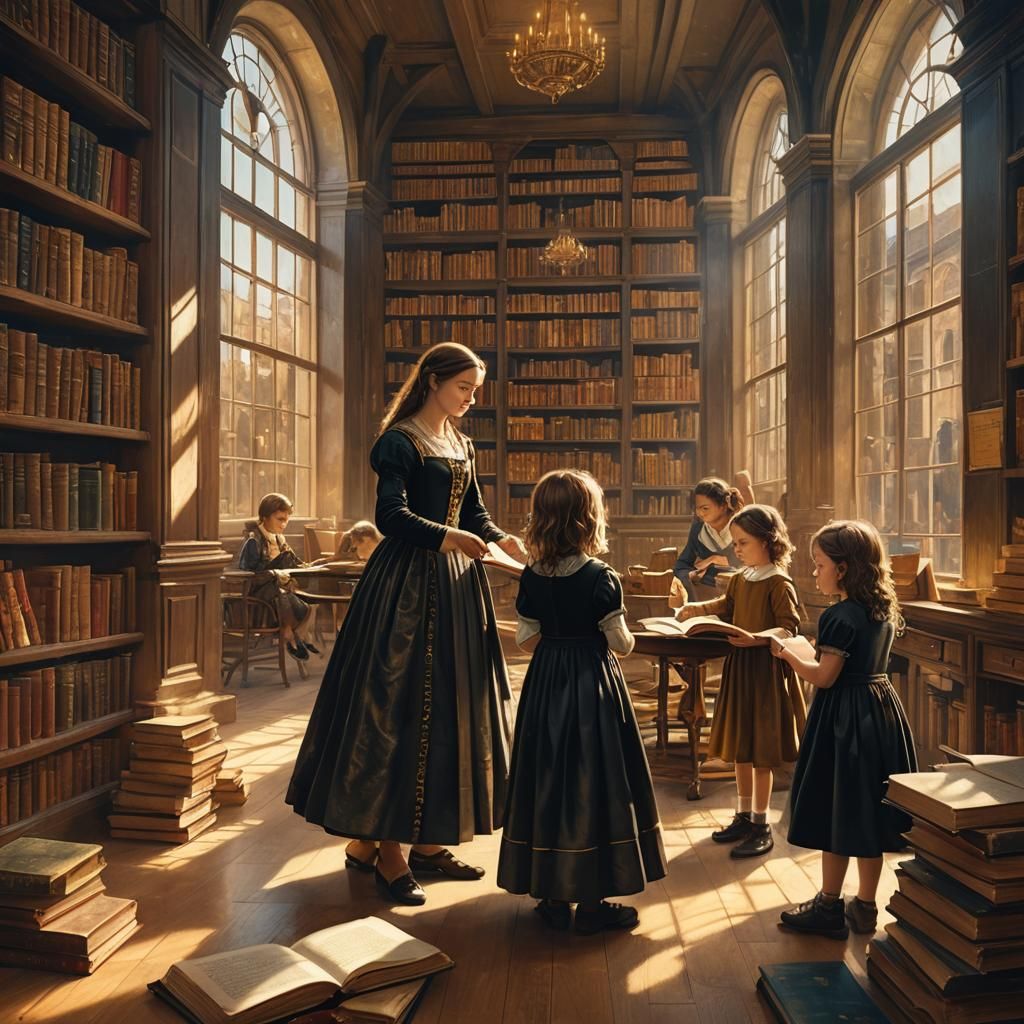 Renaissance Library Scene in Leonardo da Vinci Style