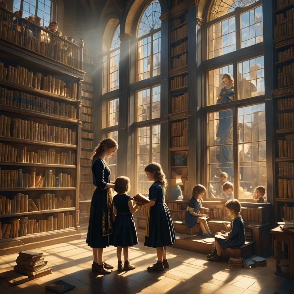 Children Learn in Library, Renaissance Style Art