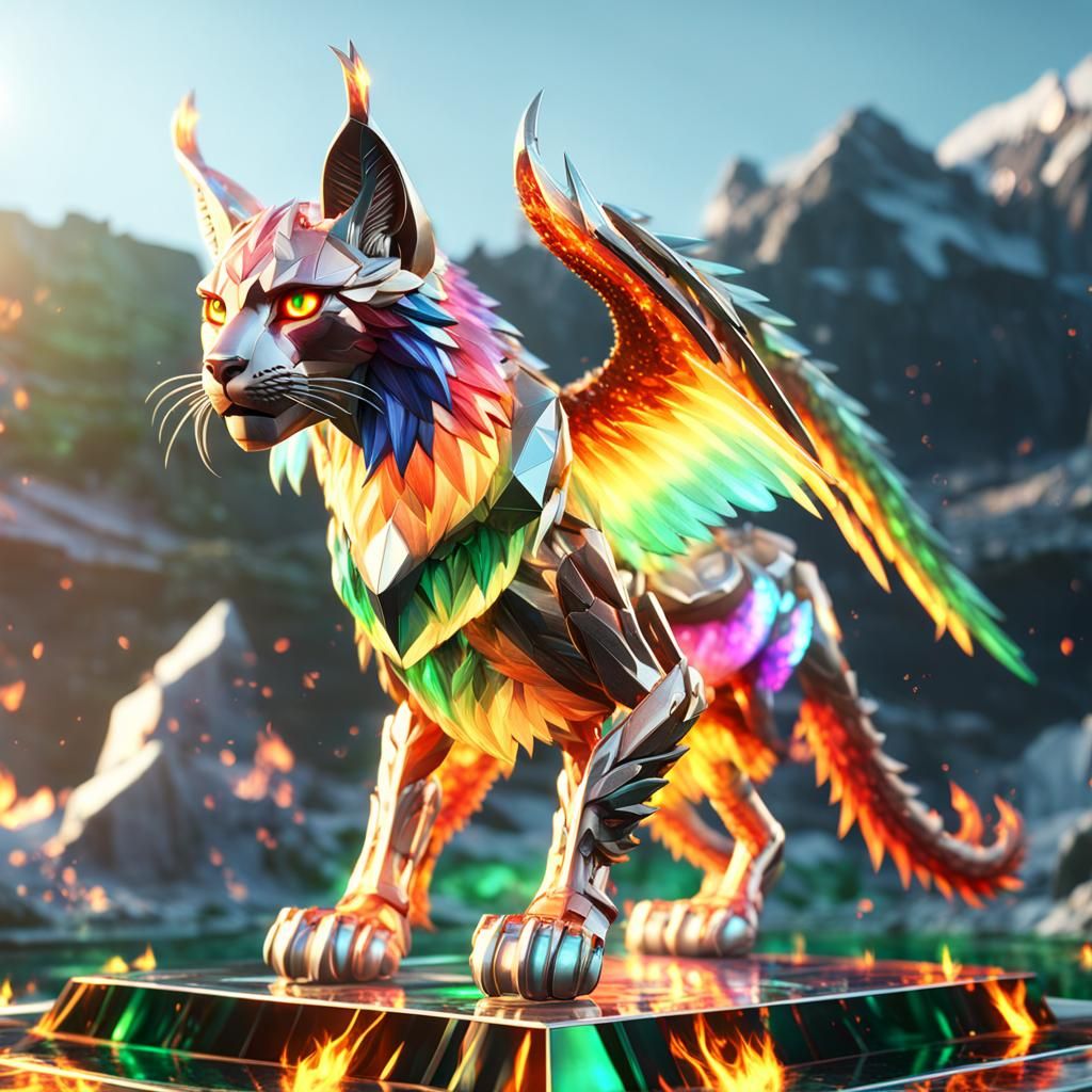 Rainbow Lynx with Wings on Crystal Platform