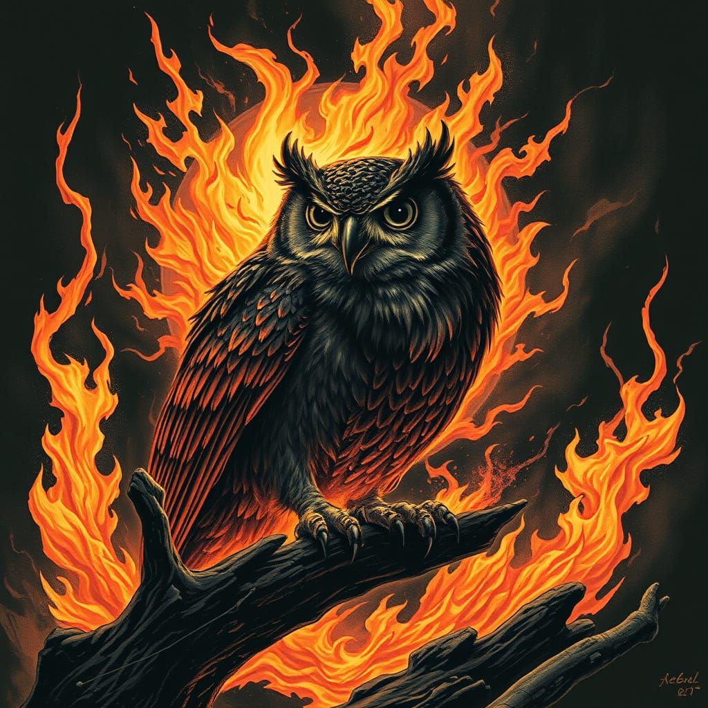 Flaming Owl in Gothic Horror Style