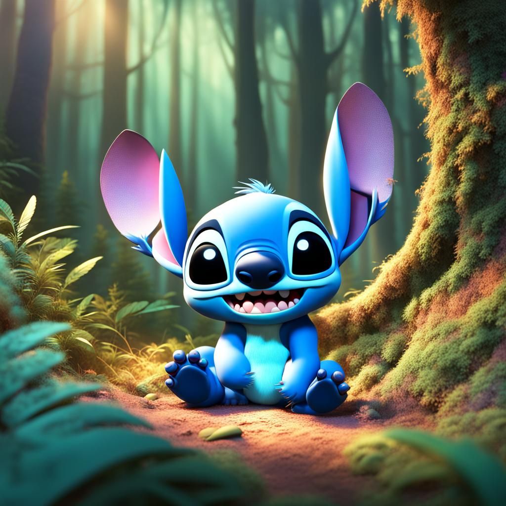 Disney Stitch Playing in Forest: 3D Digital Art