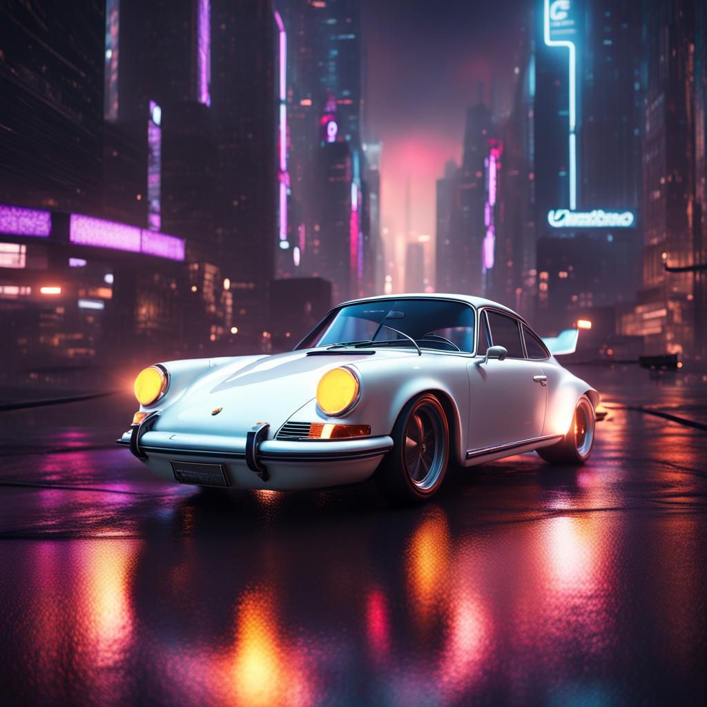 Futuristic Neon City at Night with White 1965 Porsche 911