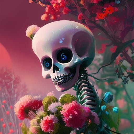 Cute Skeleton Portrait with Flowers, Fantasy Illustration