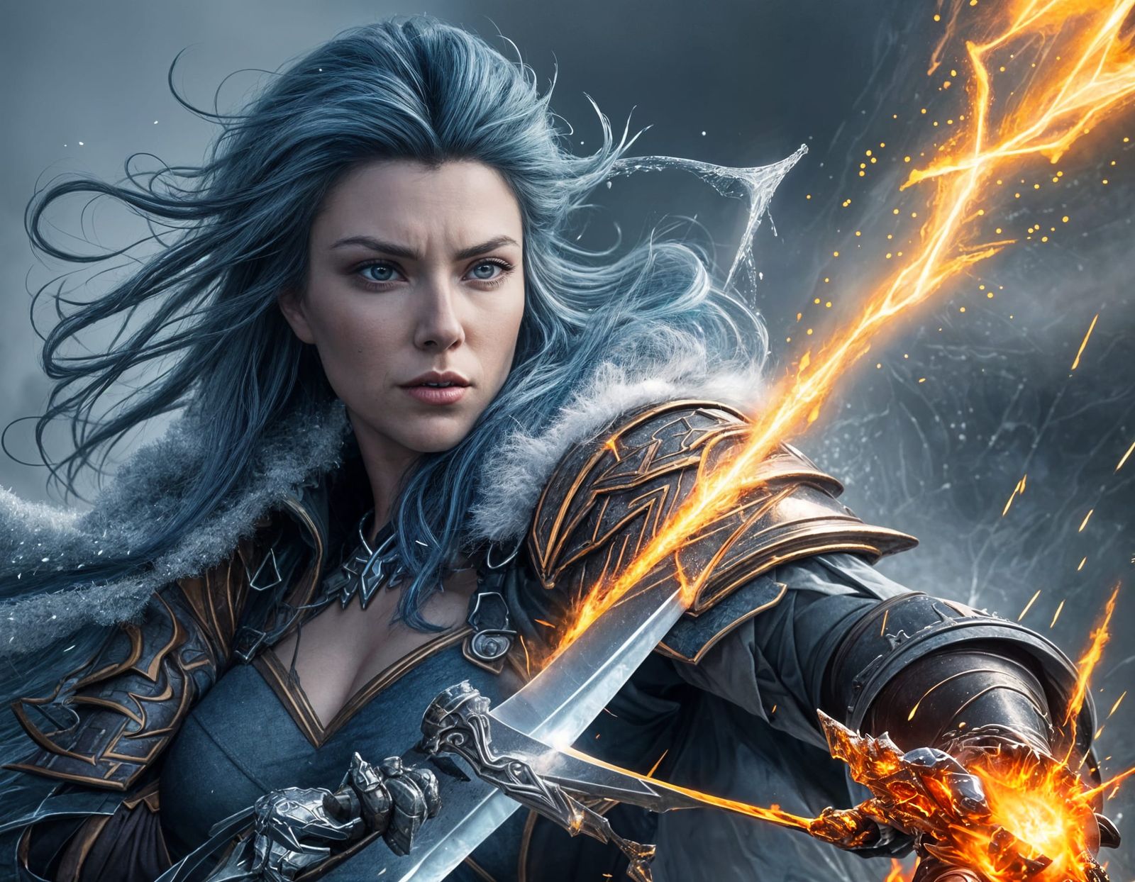 Epic Clash of Fire and Ice Swords in an Ethereal Fantasy Bat...