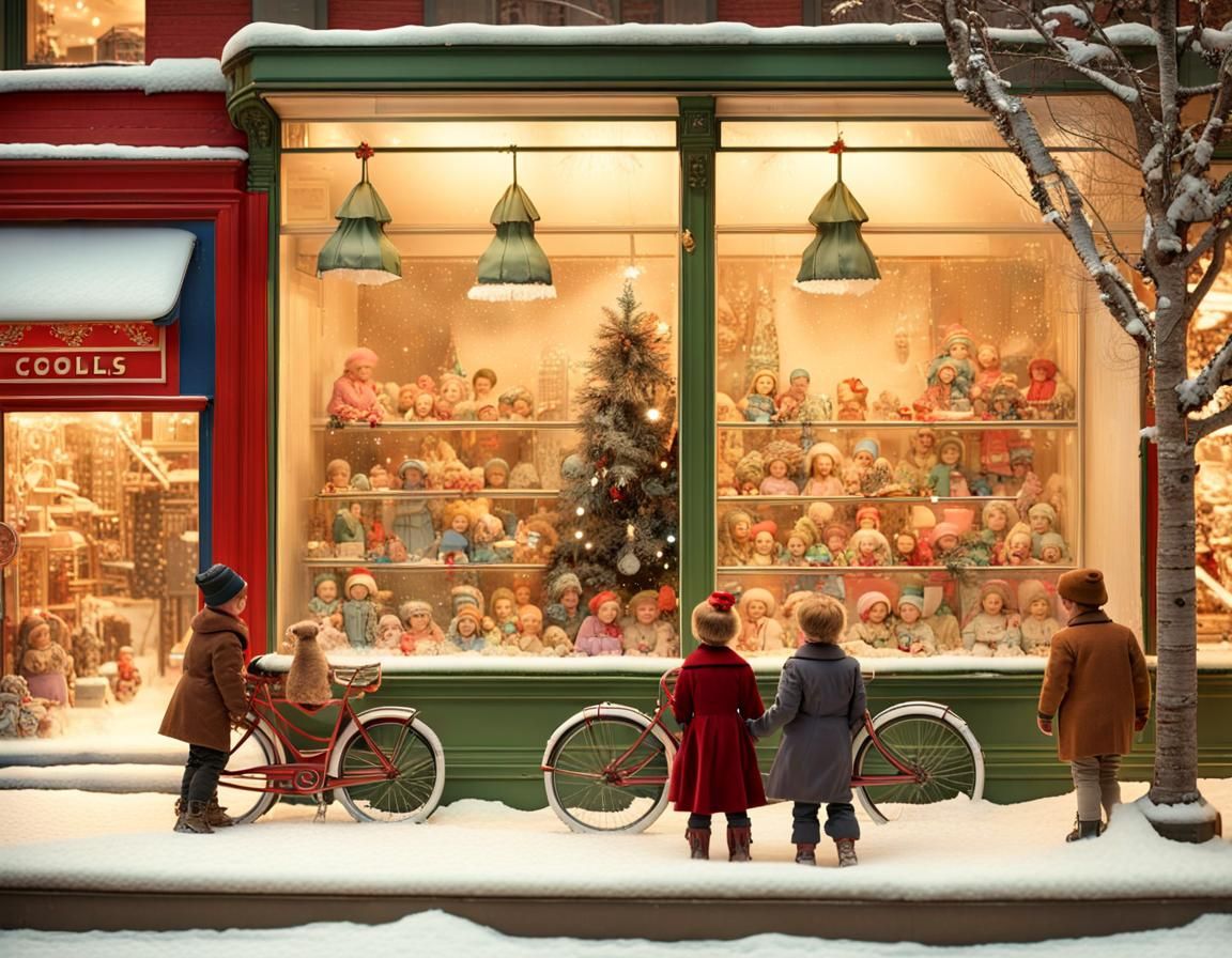 Nostalgic 1930s Christmas Toy Store Window Display