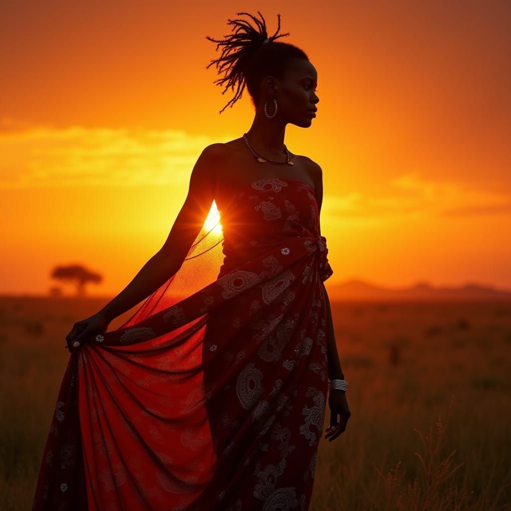 Majestic African Woman Silhouetted Against Vibrant Serengeti...