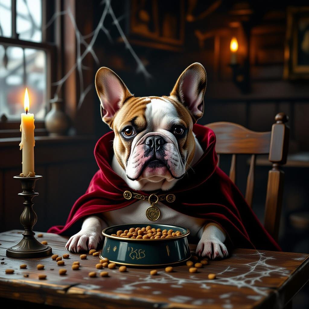 French Bulldog in Cape at Tavern Table