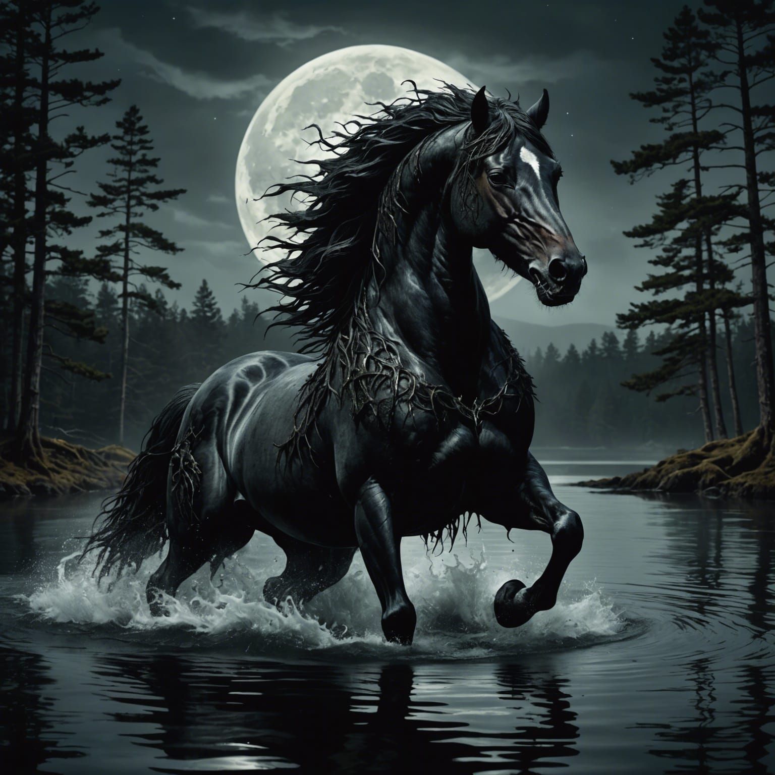 Demonic Horse Rising from Black Lake