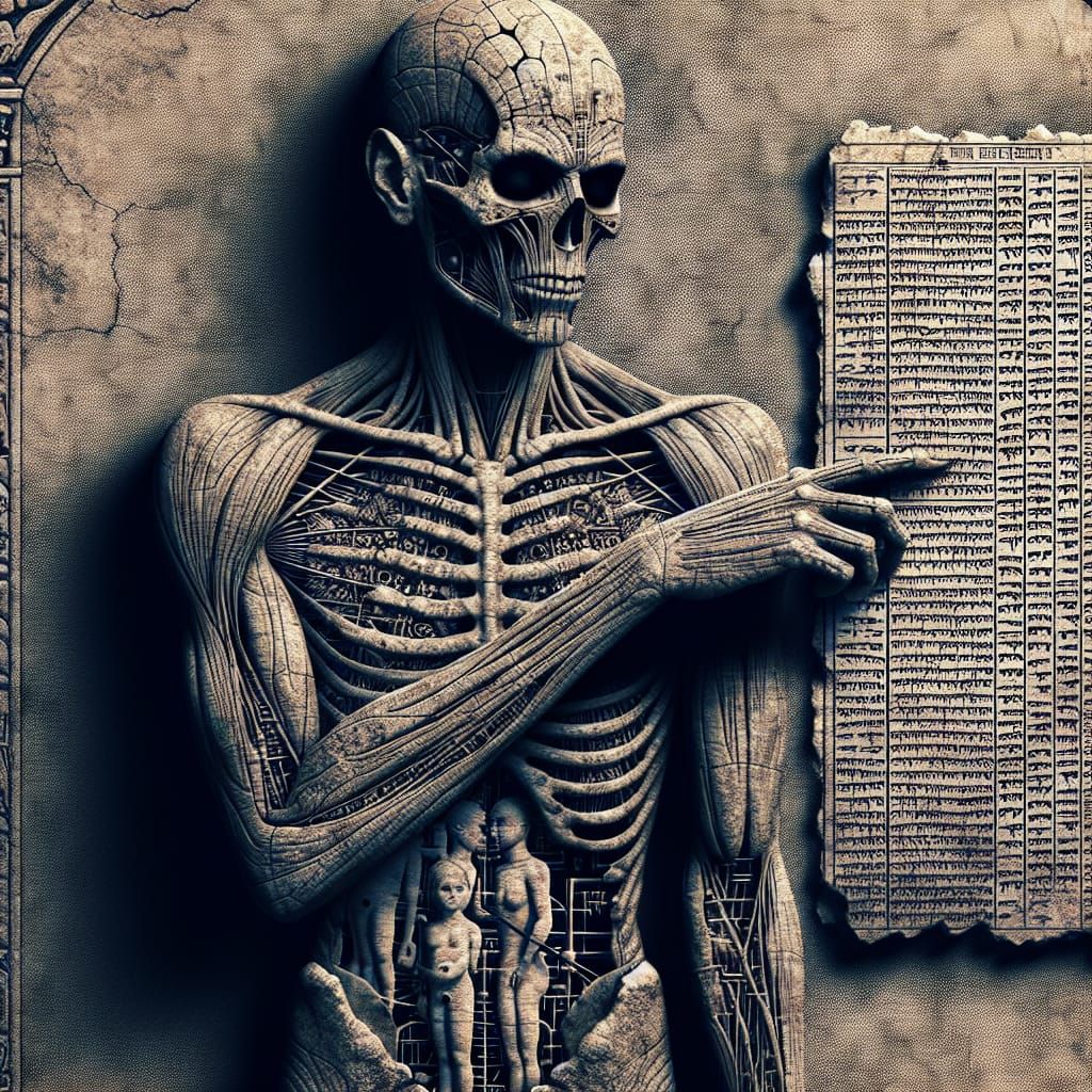 Eerie Biotech Humanoid Covered in Ancient Text