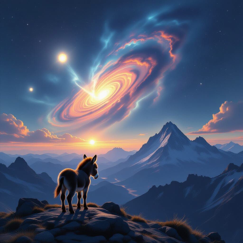 Baby Donkey Gazes at Cosmic Entity on Mountain Peak