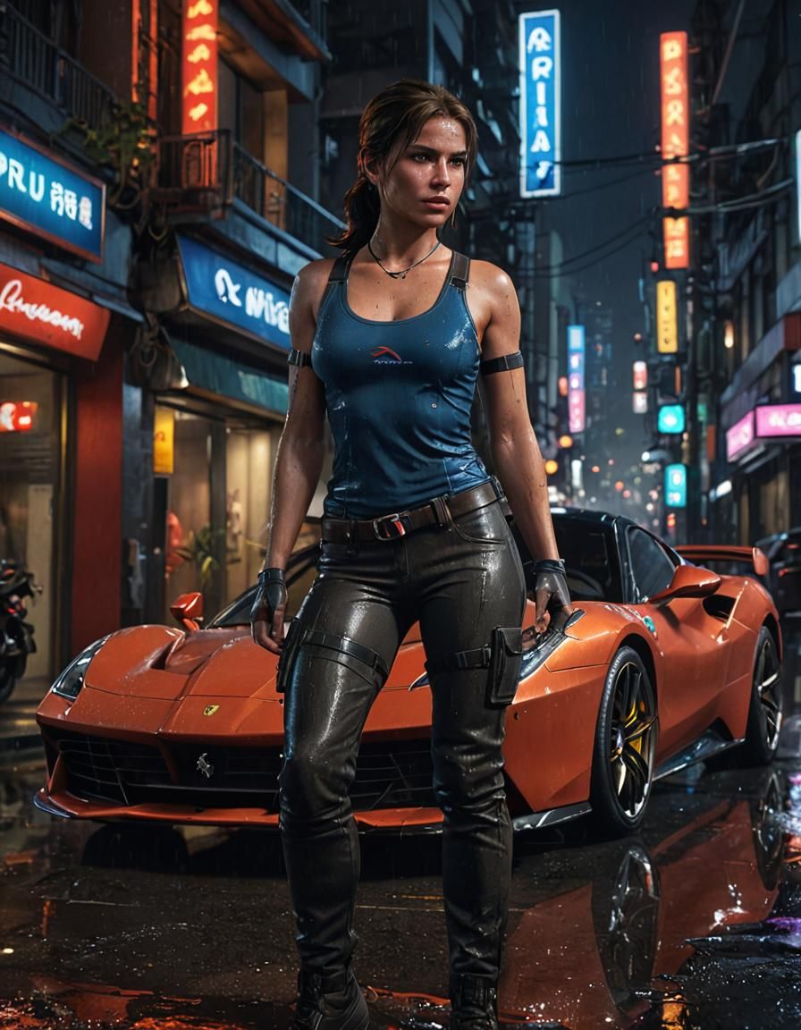 Lara Croft and Ferrari in Tokyo, Digital Matte Painting