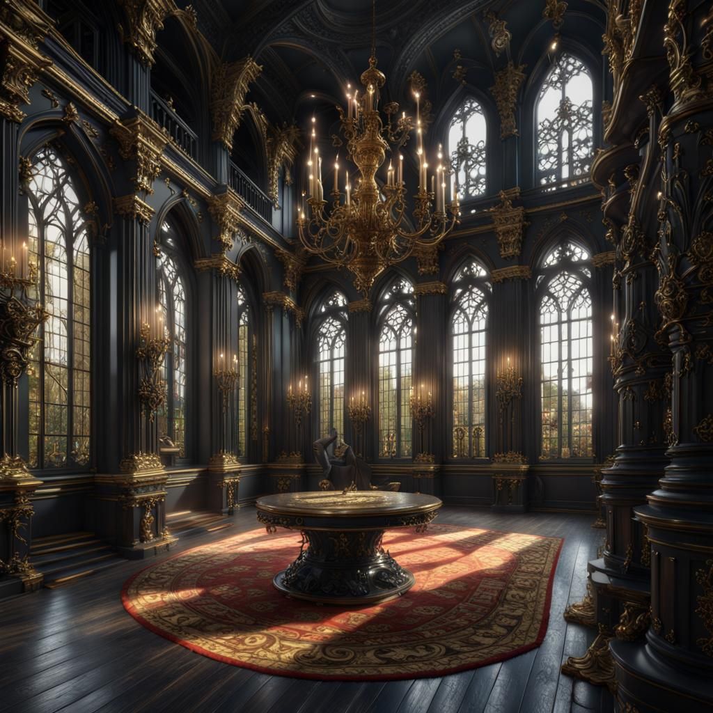 Gothic Rococo Library with Gold Accents