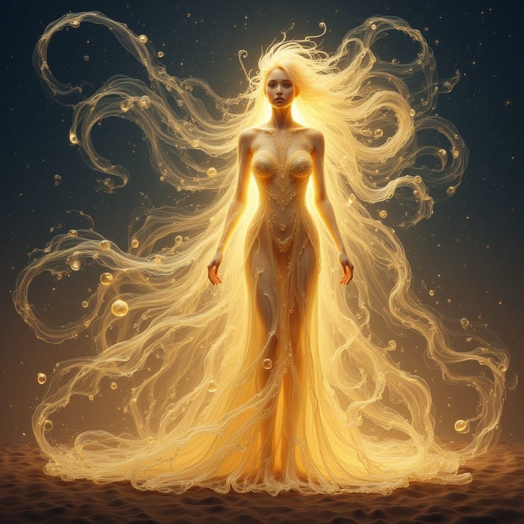 Ethereal Goddess of Light in Golden Gown and Celestial Hair