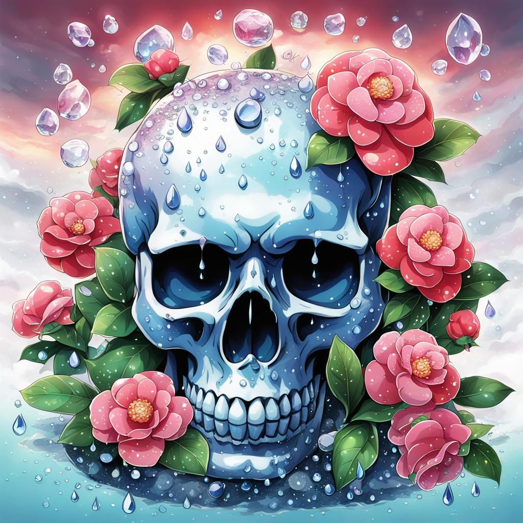 Crystal Skull with Dew and Camellias in Anime Style