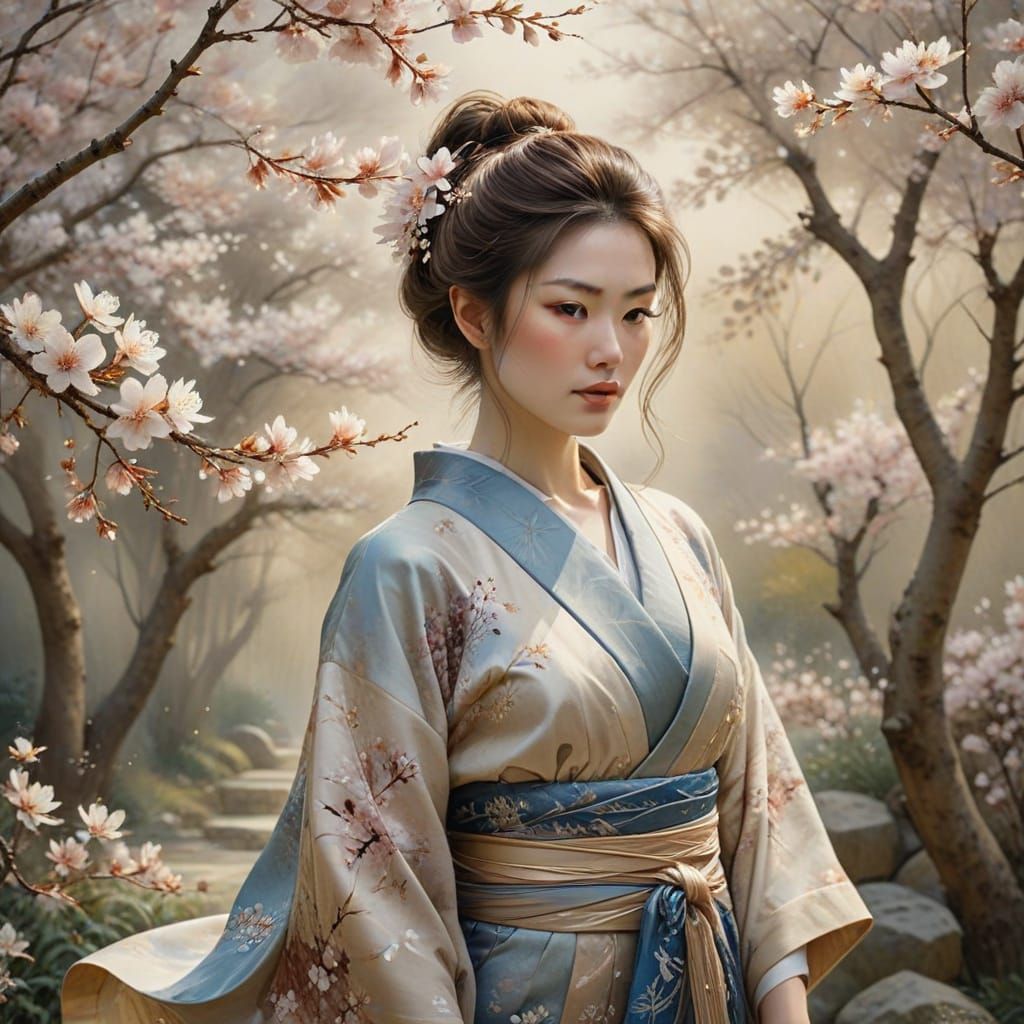 Elegant Woman in Serene Japanese Garden