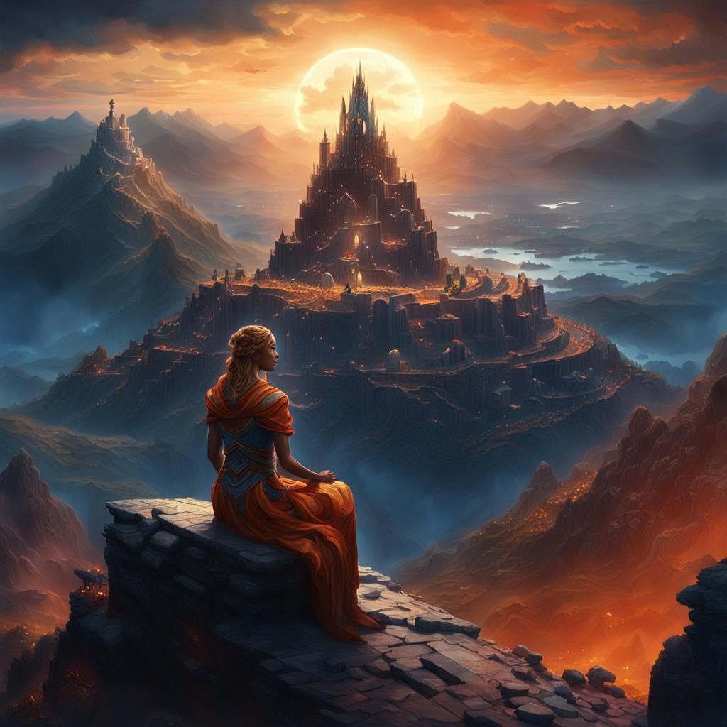 Sorrowful Goddess Overlooking Ruined City in Fantasy Art