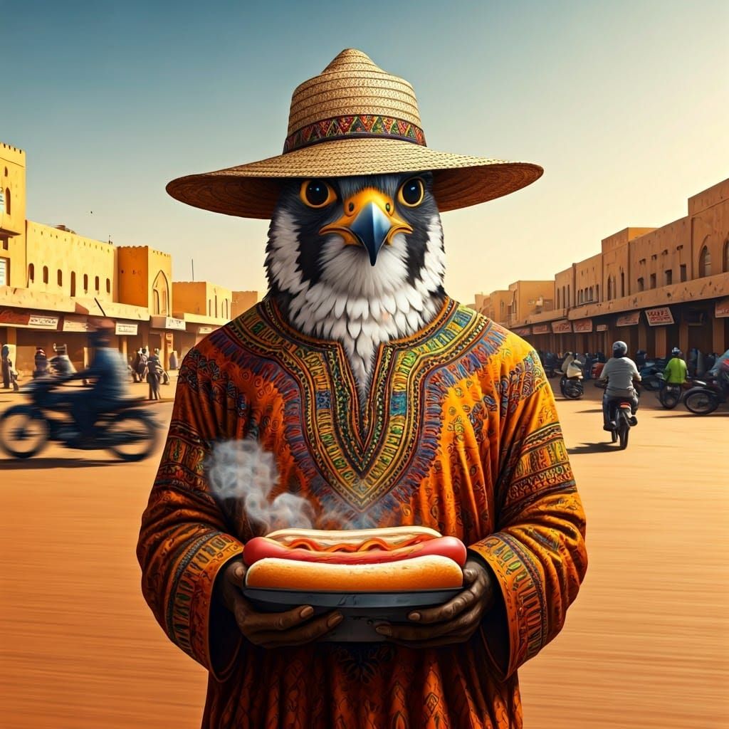 Anthropomorphic peregrine falcon selling hotdogs on the streets of Ouagadougou