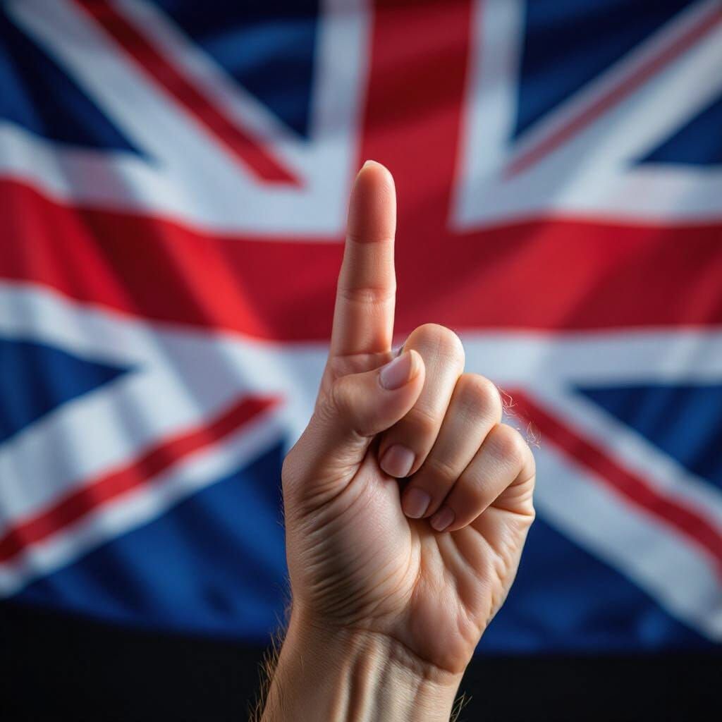 Hand Gives Middle Finger Against Union Jack Flag