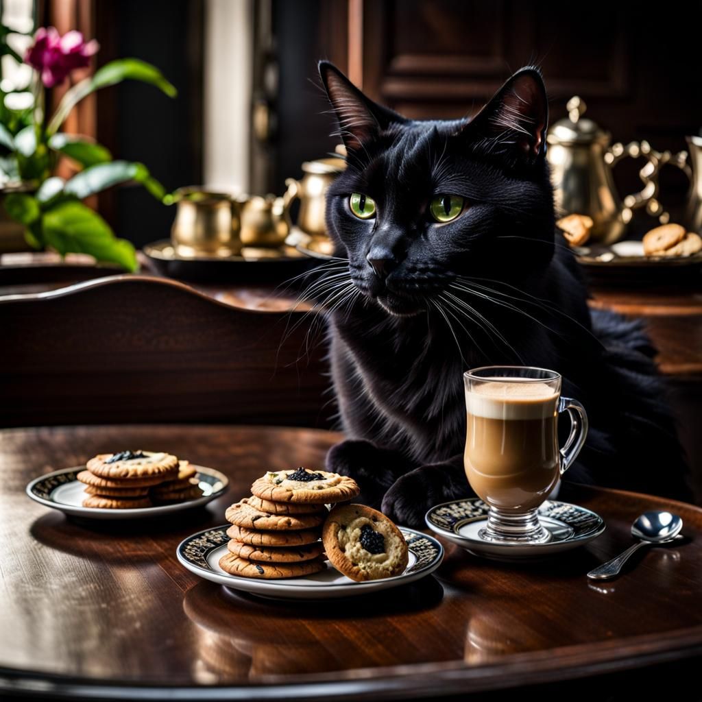 Black Cat Enjoying Latte and Cookies