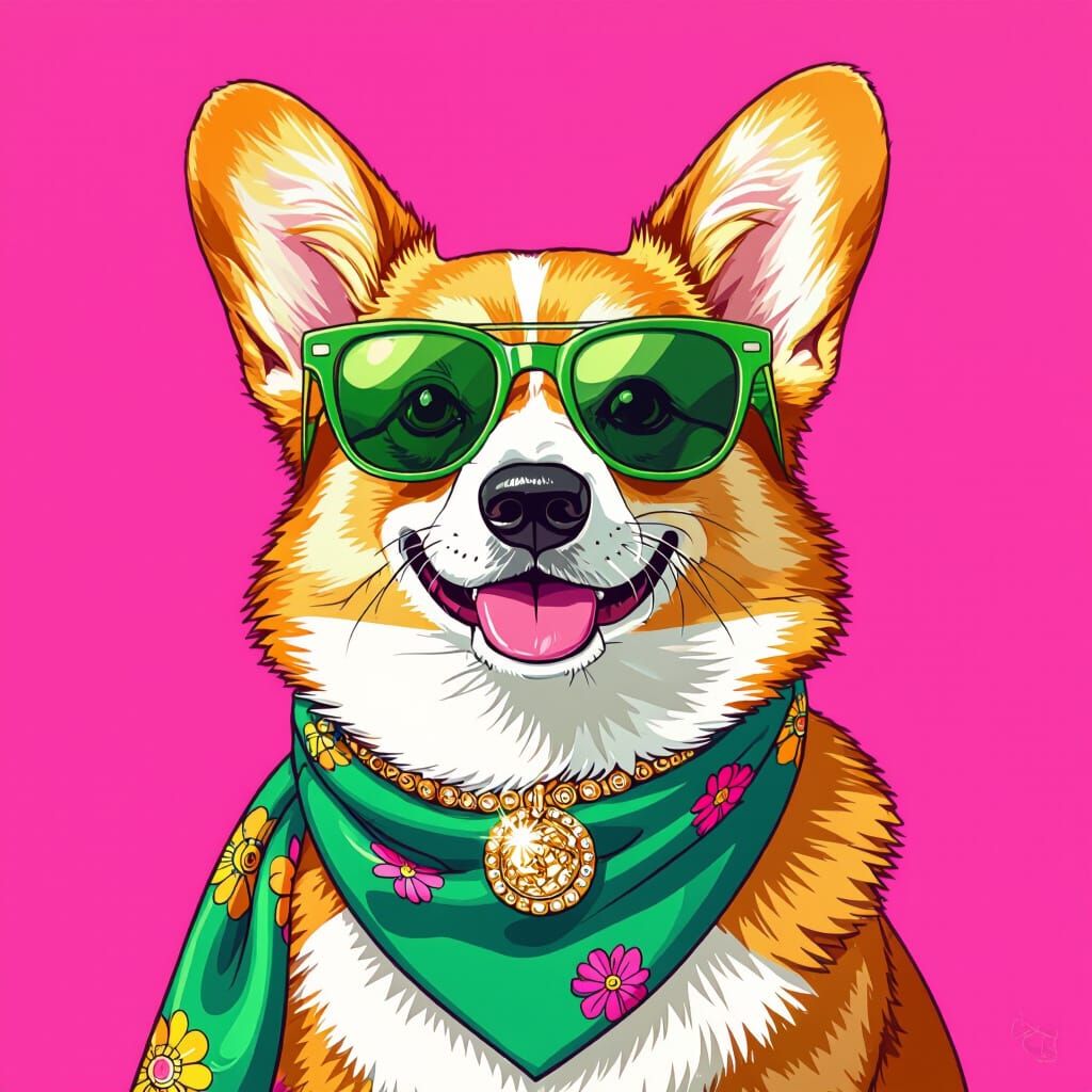 Corgi with Sunglasses and Scarf in Pop Surrealist Style