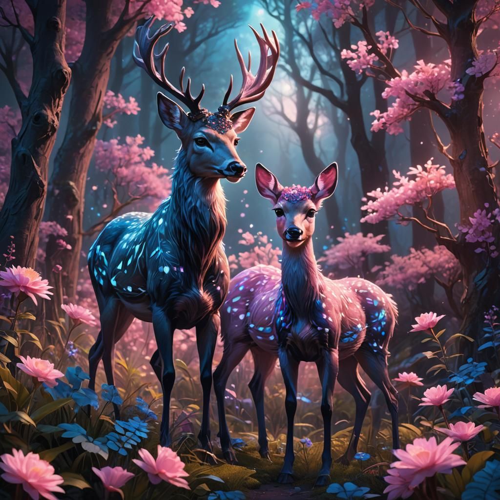 Magic Blue Deer and Pink Fawn in Fantasy Forest