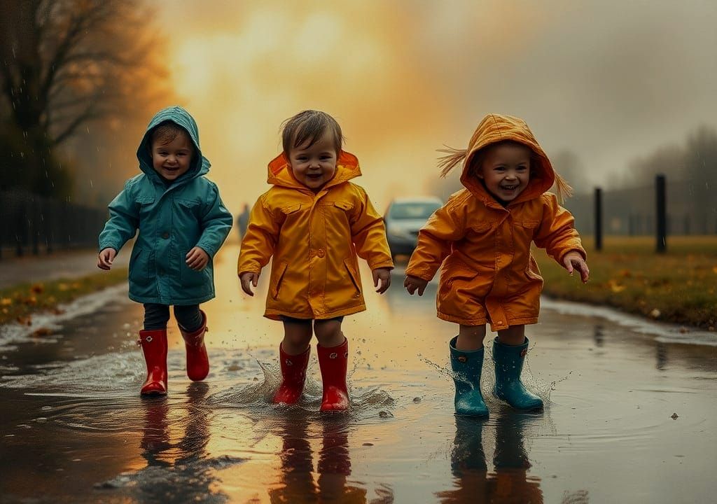 Children Playing in Rain: Impressionistic Oil Painting