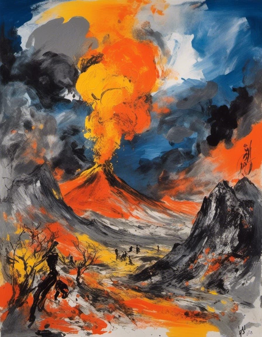 Volcanic Eruption with Grandmother Figure in Digital Art Sty...
