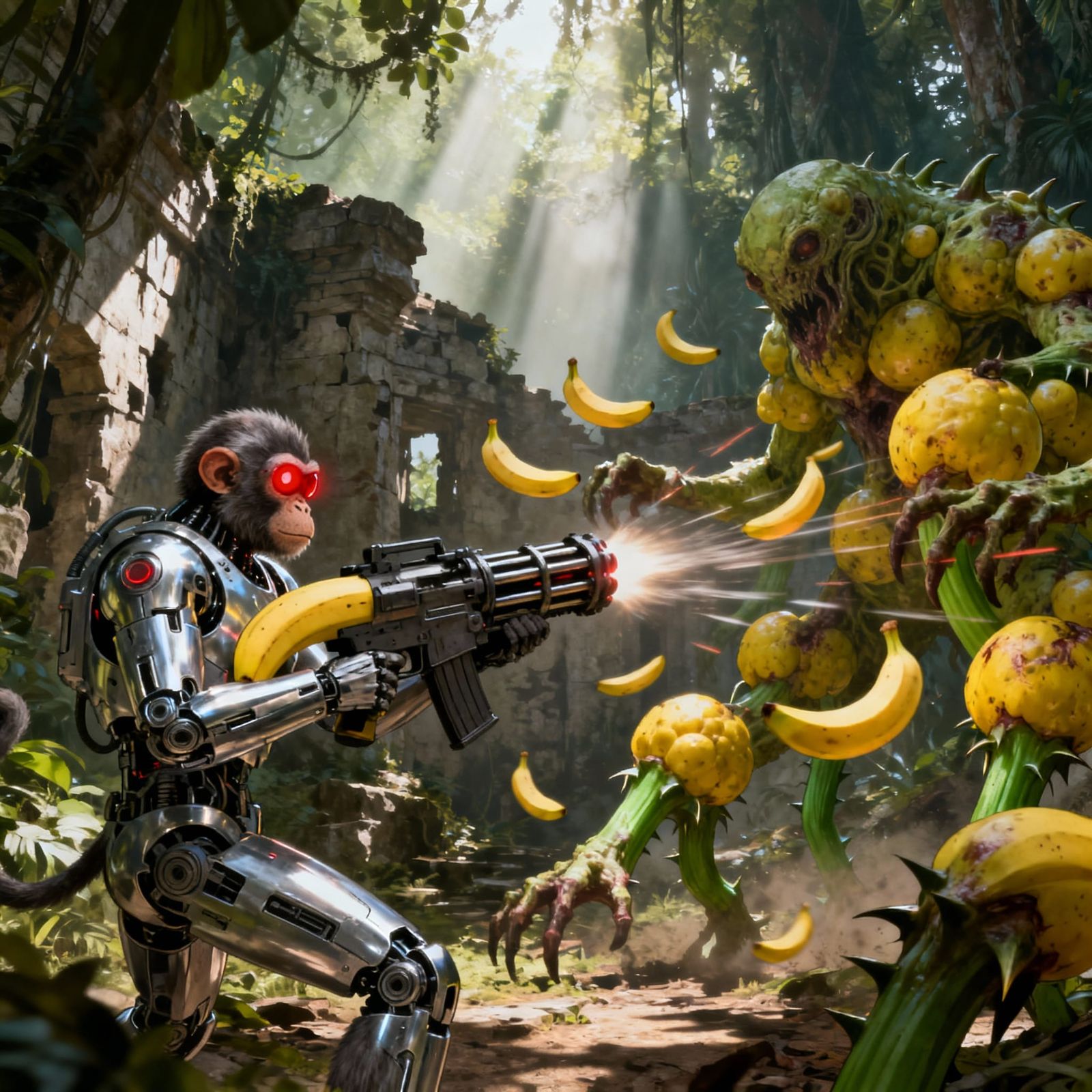 Cyborg Monkey Fights Banana Monsters with Gatling Gun