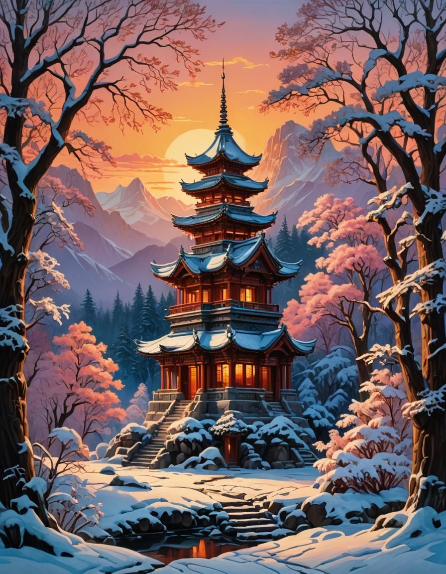 Majestic Winter Shrine in Impasto Gouache Style