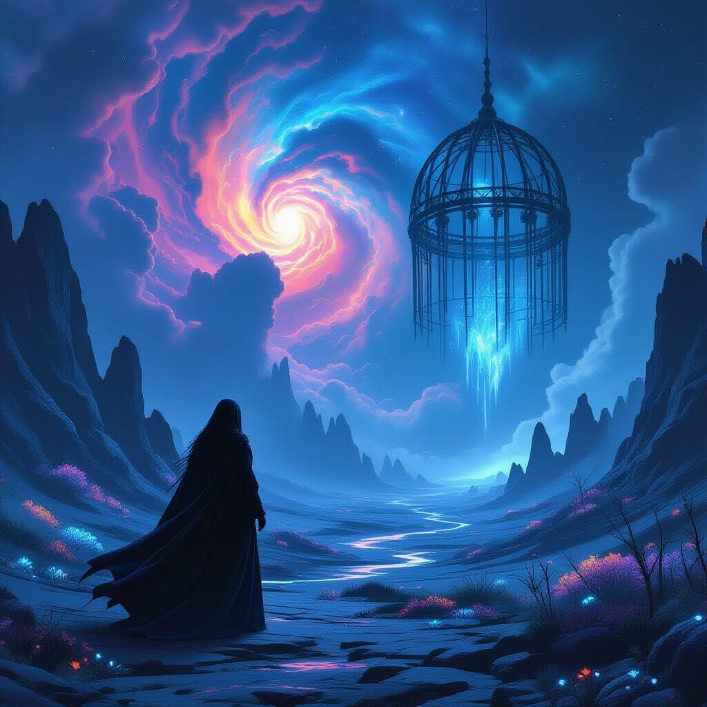 Sorceress on Crystal Planet Gazing at Cosmic Nebula