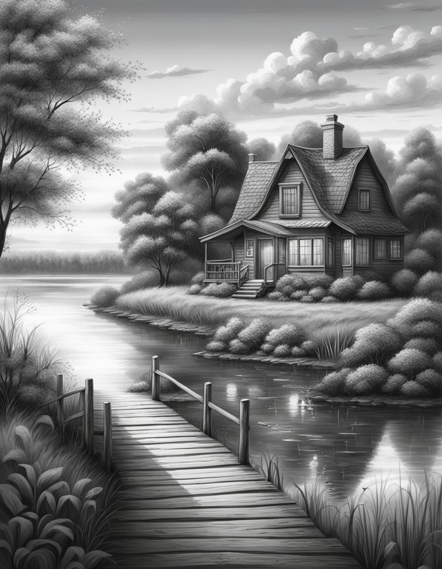 Hyperrealistic Charcoal Drawing of Lakeside House in Summer