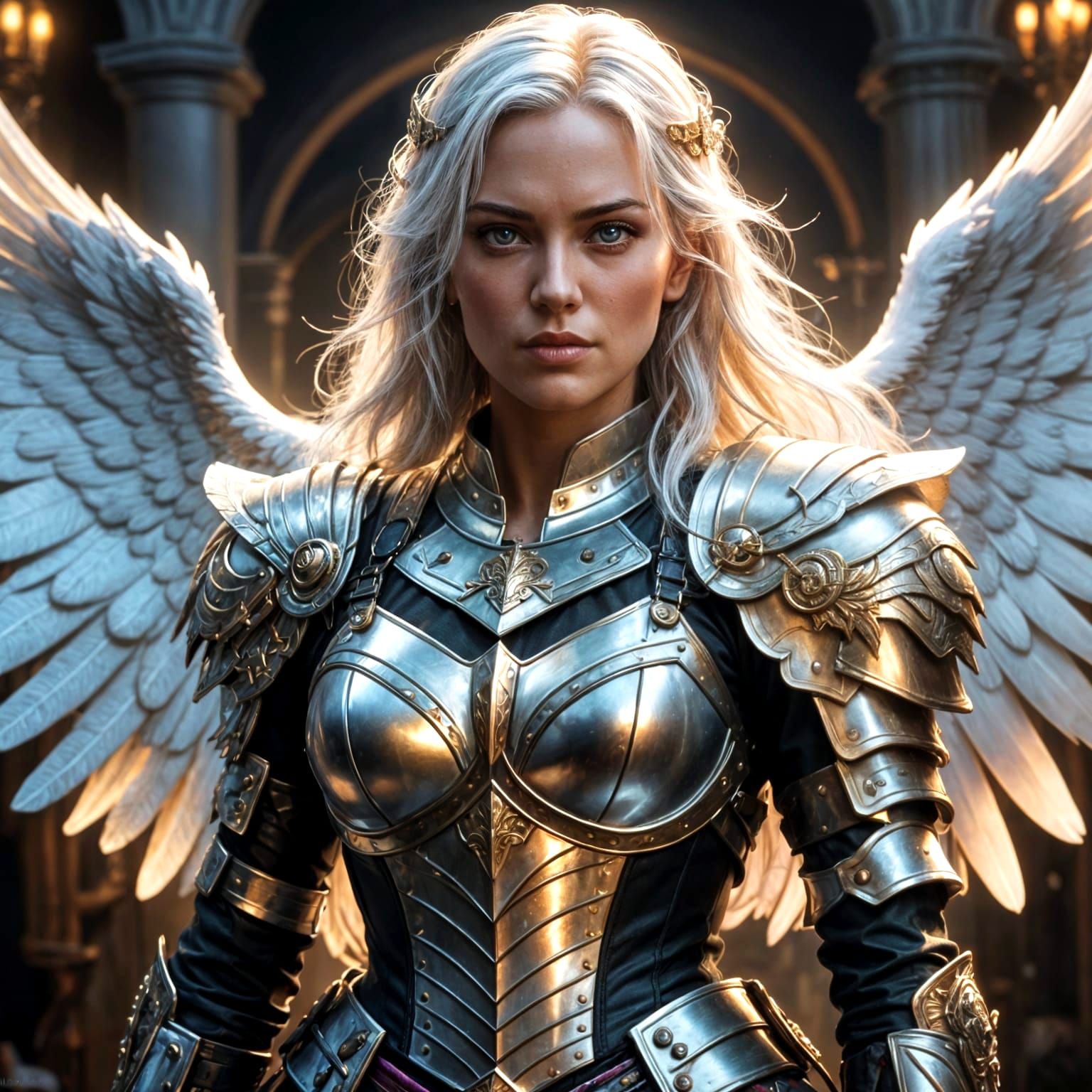 Hyperrealistic Warrior Woman with Silver Armor and White Win...